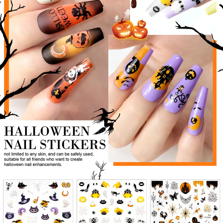 1pcs/3pcs Halloween Nail Stickers Skull Pumpkin Head Bat Nail Stickers Nail Art DIY Self-Adhesive Decals For Festive Manicure