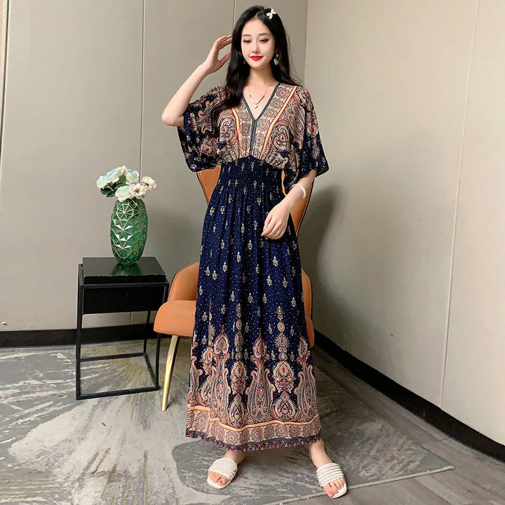 V-neck Large Skirt Hem Casual Sweet Long Dress Bat Sleeves Elastic Waist Bohemian Print Floral Elegant .