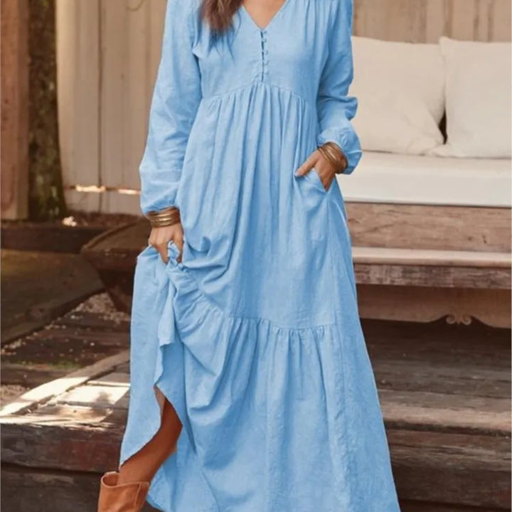 Cotton Linen Women Long Dress.New Look Fashion V-Neck Casual Solid Long Sleeve A-Line Sexy  Elegant Ruffles