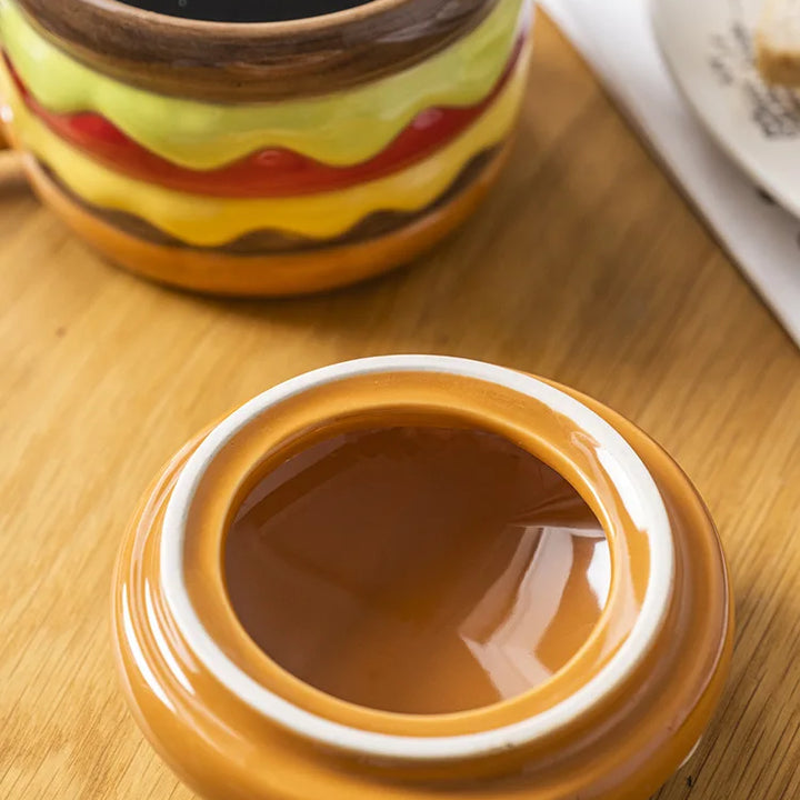 300ML Coffee Mugs Creative Hamburger Shaped Water Cup with Lid Cute and Cute Breakfast Cup Large Capacity Ceramic Hamburger Mug