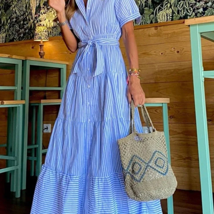 New Fashion Stripe Printed Short Sleeve Loose Waist Strap Long Collar Ankle Single Breasted Dress