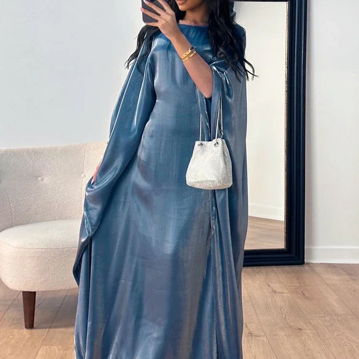Tossy Autumn Loose Shiny Maxi Dress Butterfly Batwing Long Sleeve Muslim Clothes Party Solid Female Long Dress New