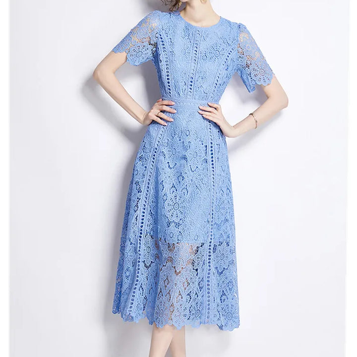 JAMERARY Vintage Holiday Lace Hollow Out Prom Dress For Women's Slim Elegant Short Sleeve Long Dress Female Clothing