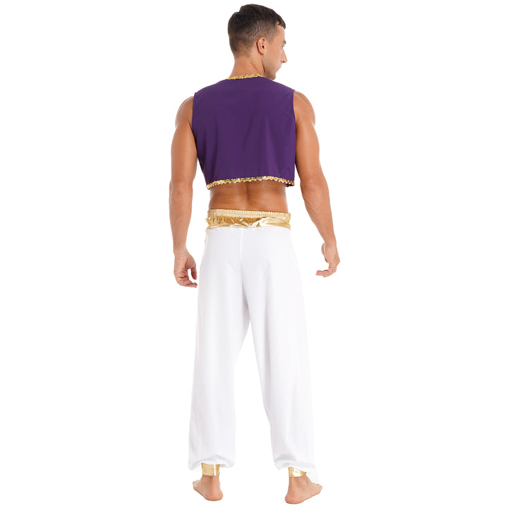 Mens Halloween Costume Mythical Arabian Prince Carnival Cosplay Party Outfit Sequin Trim Waistcoat with Belted Pants