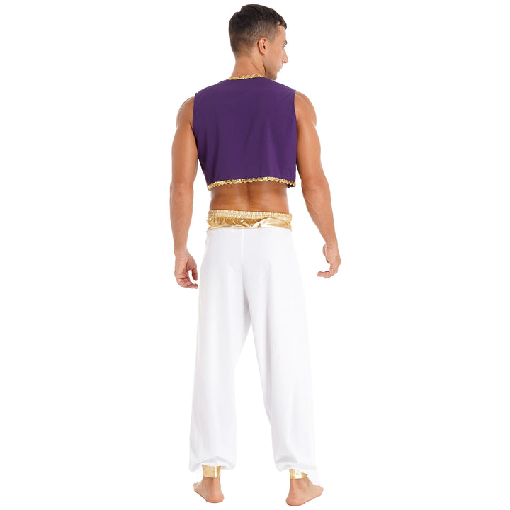 Mens Halloween Costume Mythical Arabian Prince Carnival Cosplay Party Outfit Sequin Trim Waistcoat with Belted Pants