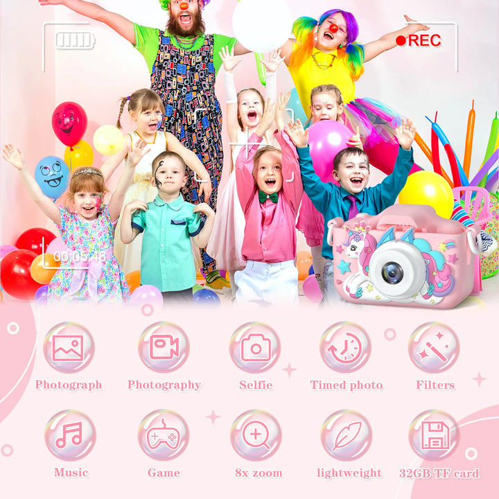 Unicorn Kids Toy Cameras 1080P HD Video Camera 48MP Dual Camera With Silicone Protective Cover 32GB Card Boy Girl Birthday Gifts