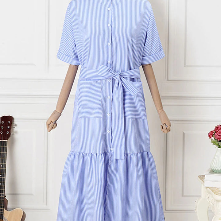Elegant Striped Printing Short Sleeve Maxi Long Dress Casual Daily Bohemian.