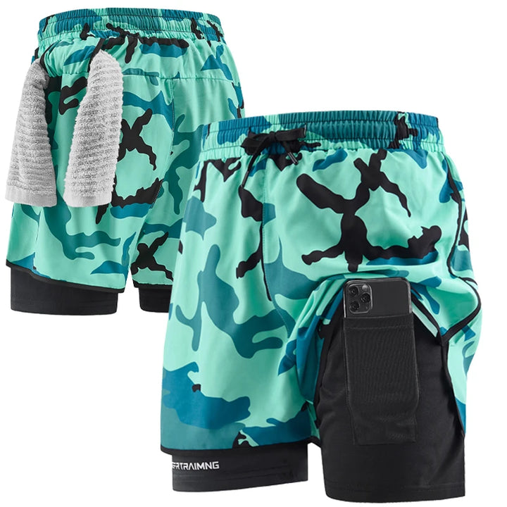 Men's running shorts  quick drying fitness camouflage double-layer shorts  men's new sports training and bodybuilding shorts