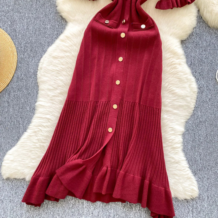 Vintage Single Breasted Women's Knitted Long Dress High Waist Short Sleeve Ruffles Straight Dress
