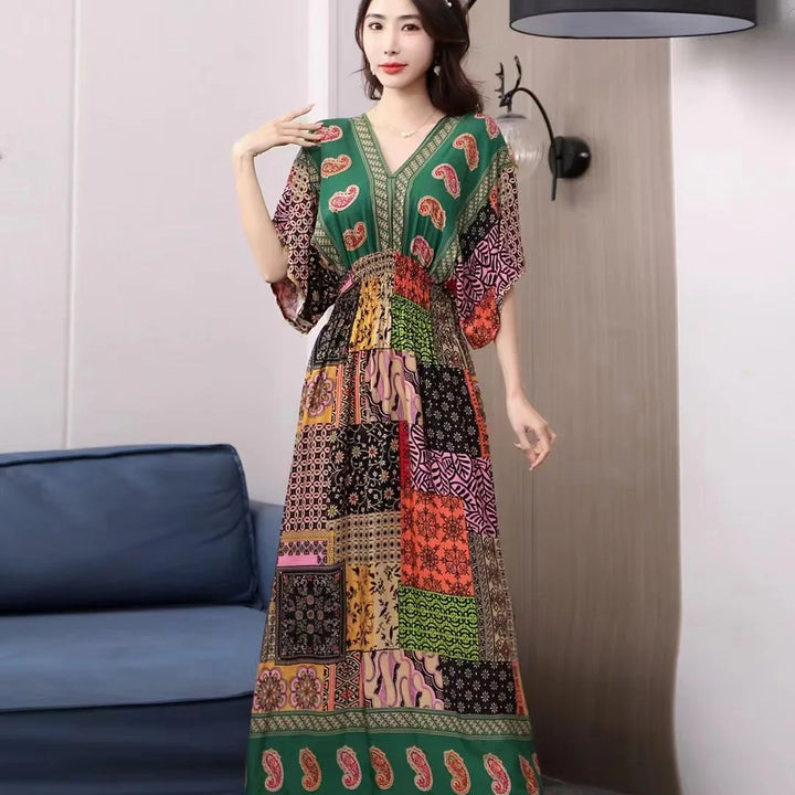 V-neck Large Skirt Hem Casual Sweet Long Dress Bat Sleeves Elastic Waist Bohemian Print Floral Elegant .