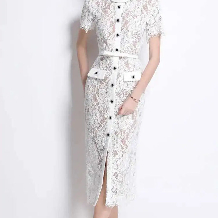 Luxury Crystal White Lace Embroidery Pencil Dress Elegant Short Sleeve Single Breasted Midi Dress.