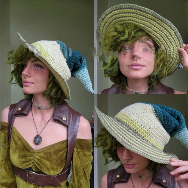 1PC Halloween Party Crocheted Witch Hats Party Wide Brim Pointed Hat Accessory Funny Cosplay Witch Hat with Stripes Photo Prop