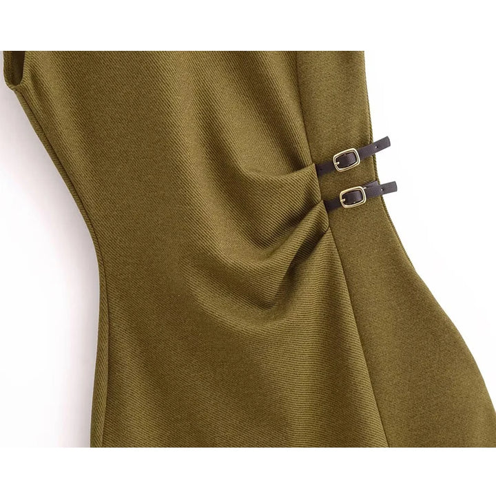 MUJER Pleated Midi Dress for Women Sleeveless Long Dress Vintage Party Buckle Office