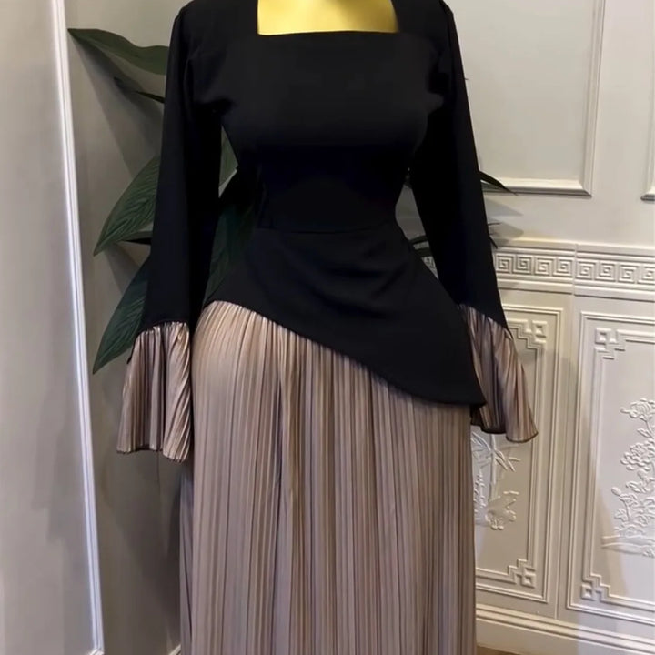 Women Patchwork Flare Long Sleeve U-collar Pleated Big Swing Maxi Long Dress perfect for special occasions.