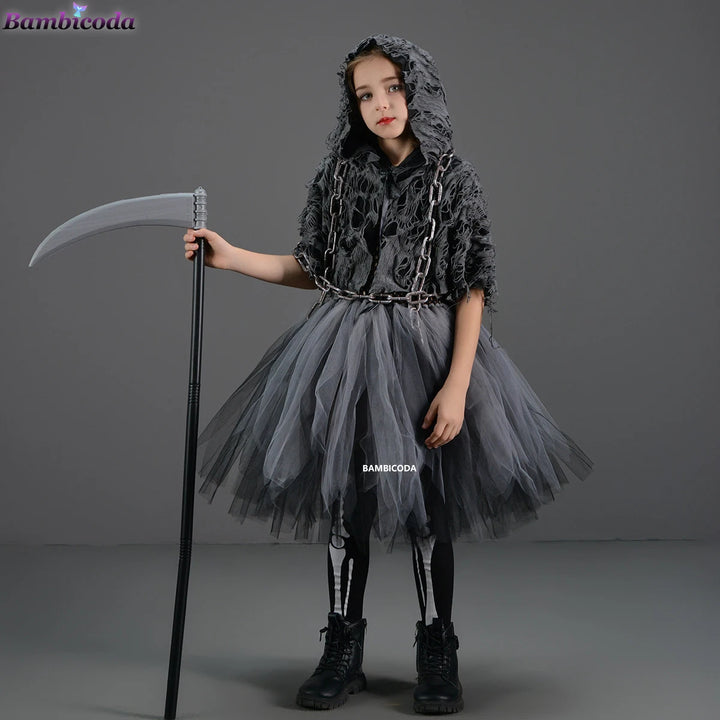 Halloween Grim Dresses Horror Death Cosplay Black Cloak Costume kids Girls Party Clothes Halloween Dress Demon Ghosts Costume