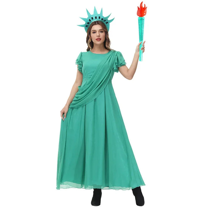 Halloween Carnival Costume Adult and Kids Girls Green Chiffon Party Dress World Statue of Liberty Cosplay Greek Goddess Costume