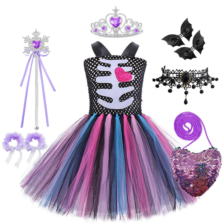 Halloween Kids Dress Cosplay Heart Print Skeleton Costumes Girls Floral Skull Tutu Clothes Children Carnival Performance Outfits