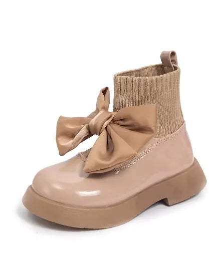 Children's Boots Fashion PU Solid Black Bow Girls Uniform 2025 Spring and Autumn New Kids Fashion Flying Knit School Socks Shoes