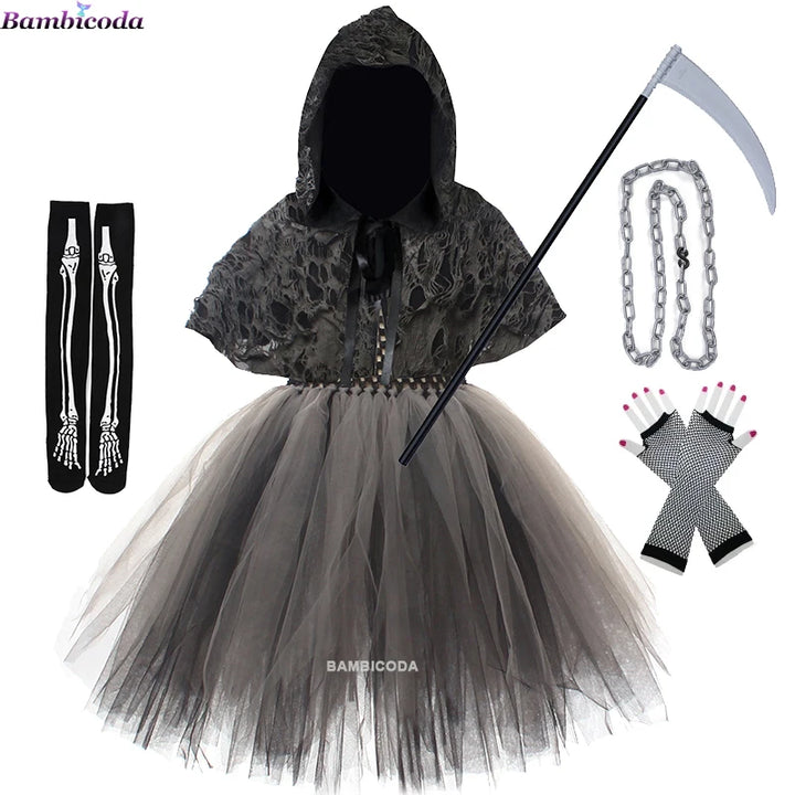 Halloween Grim Dresses Horror Death Cosplay Black Cloak Costume kids Girls Party Clothes Halloween Dress Demon Ghosts Costume
