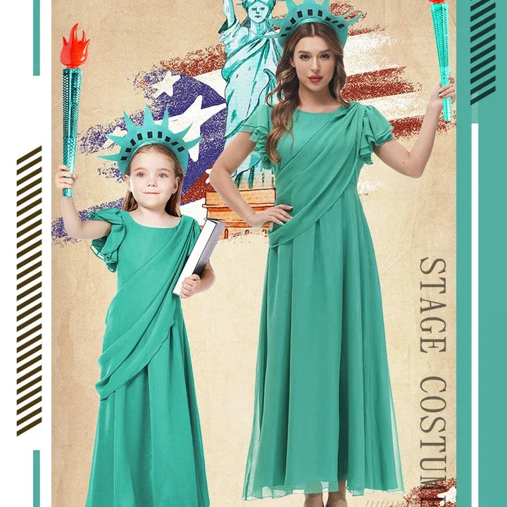 Halloween Carnival Costume Adult and Kids Girls Green Chiffon Party Dress World Statue of Liberty Cosplay Greek Goddess Costume