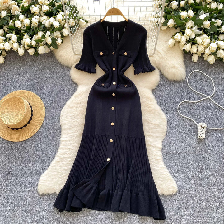 Vintage Single Breasted Women's Knitted Long Dress High Waist Short Sleeve Ruffles Straight Dress