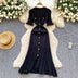 Vintage Single Breasted Women's Knitted Long Dress High Waist Short Sleeve Ruffles Straight Dress
