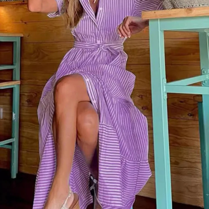 New Fashion Stripe Printed Short Sleeve Loose Waist Strap Long Collar Ankle Single Breasted Dress