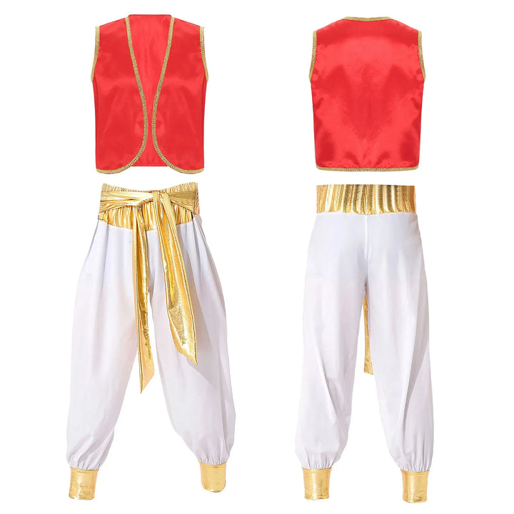 Mens Halloween Costume Mythical Arabian Prince Carnival Cosplay Party Outfit Sequin Trim Waistcoat with Belted Pants