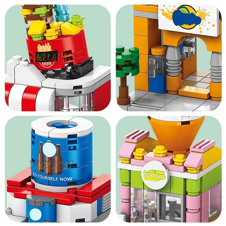 NEW DIY Makeup Convenience Store Flower Shop Hair Salon Piano Game Hall Fruit Bookstore Building Blocks Bricks Movie Model Toy