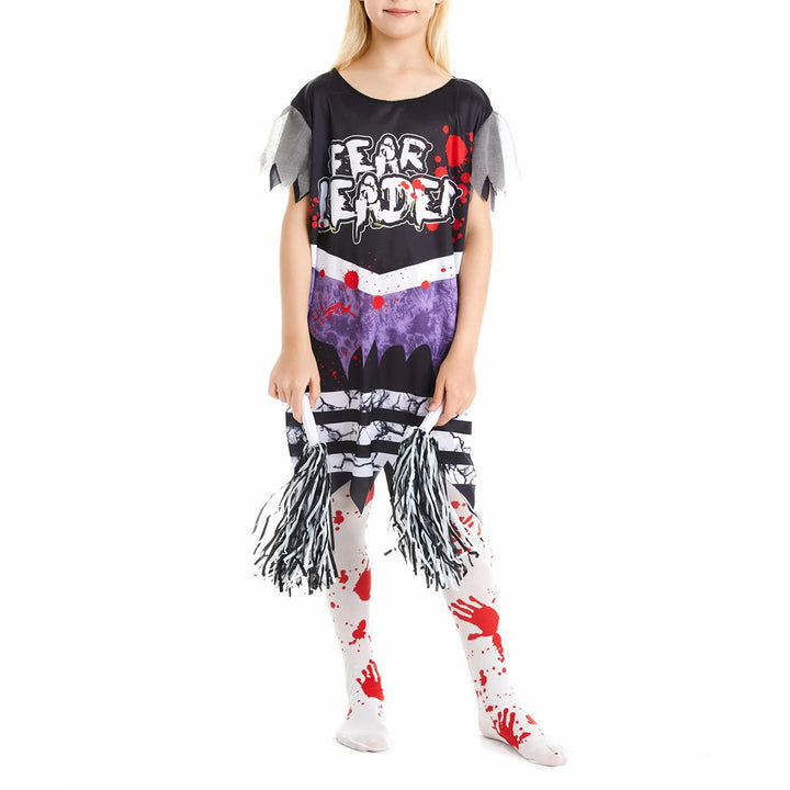 Kids Girls Halloween Party Horror Zombie Cosplay Costume Cheerleading Dance Outfits Bloody Dress with Stockings Flower Balls