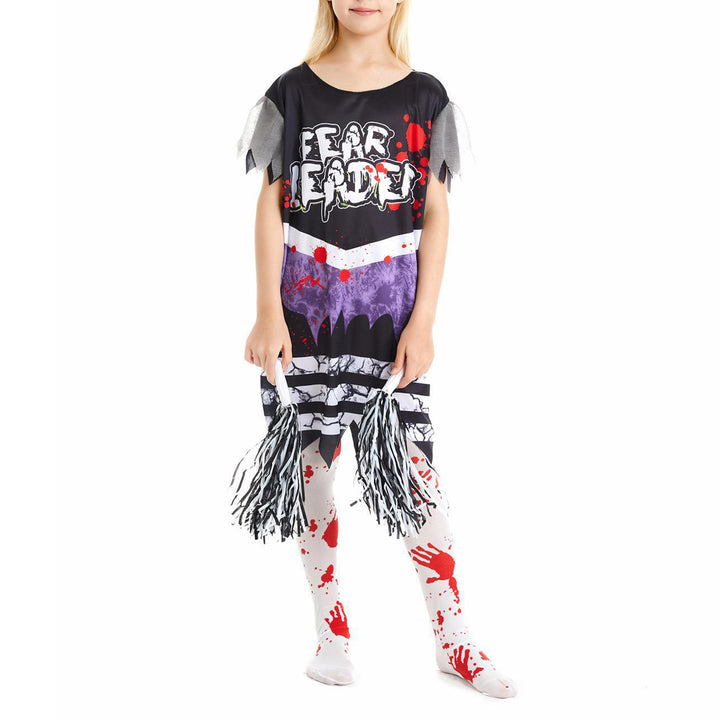 Kids Girls Halloween Party Horror Zombie Cosplay Costume Cheerleading Dance Outfits Bloody Dress with Stockings Flower Balls