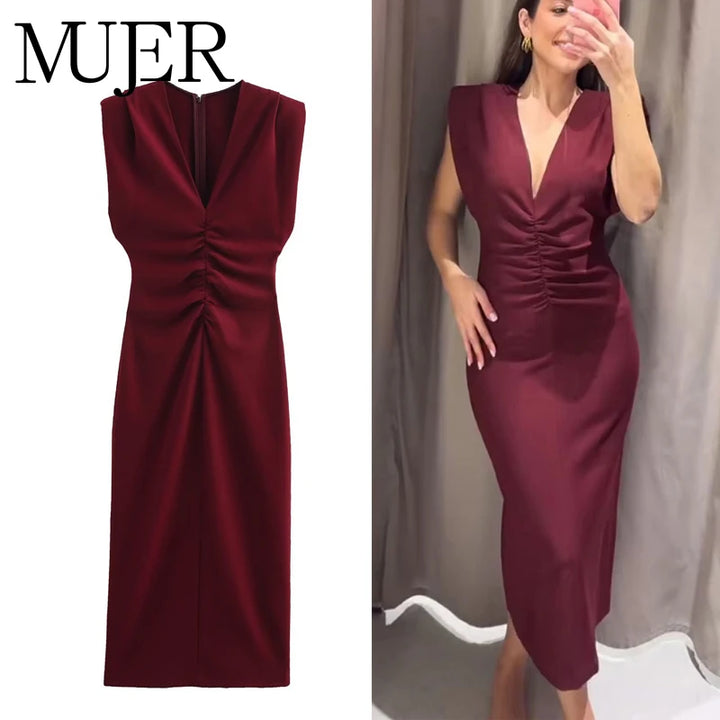 MUJER Pleated Long Dresses for Women Sleeveless Evening Chic Party Midi  Draped Bodycon