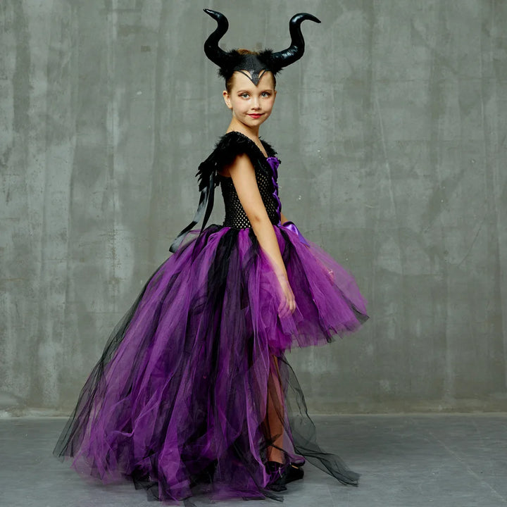 Halloween Children Costume Tulle Dress Girls Cosplay Vestidos Party Evil Queen Mesh Princess Dress Kids Crow Wand