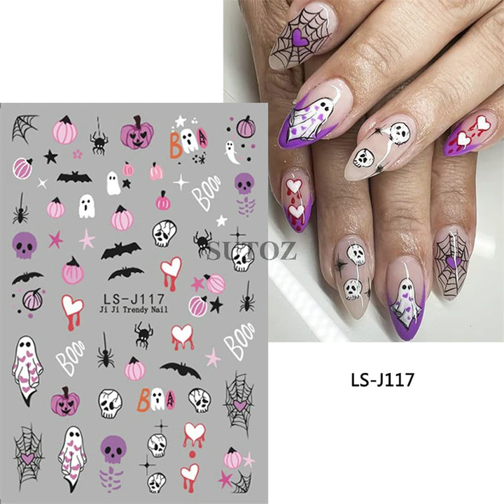 Halloween Nail Art Stickers Pumpkin Skull Cartoon Sticker For Women and Girls Press On Nails Decals Holloween Nail Art Supplies