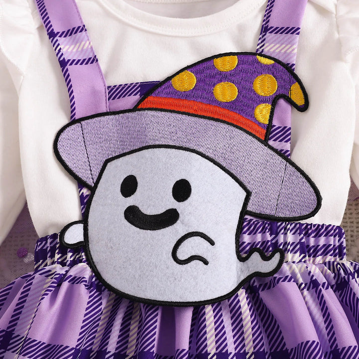 Baby Girls Halloween Clothing Set Cute Ghost Pumpkin Face Applique Suspender Dress with Rompers Carnival Party Cosplay Costume