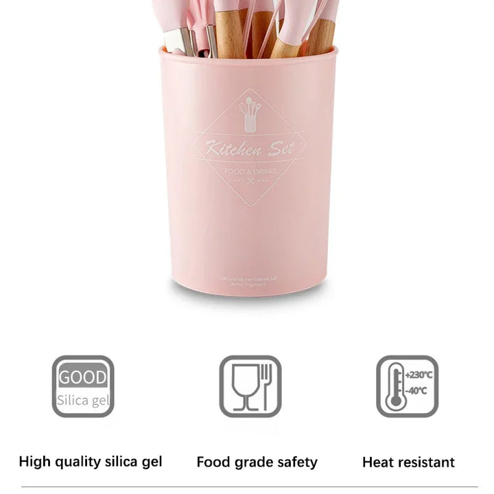 Pink Cooking Kitchenware Tool Silicone Utensils With Wooden Multifunction Handle Non-Stick Spatula Ladle Egg Beaters Shovel