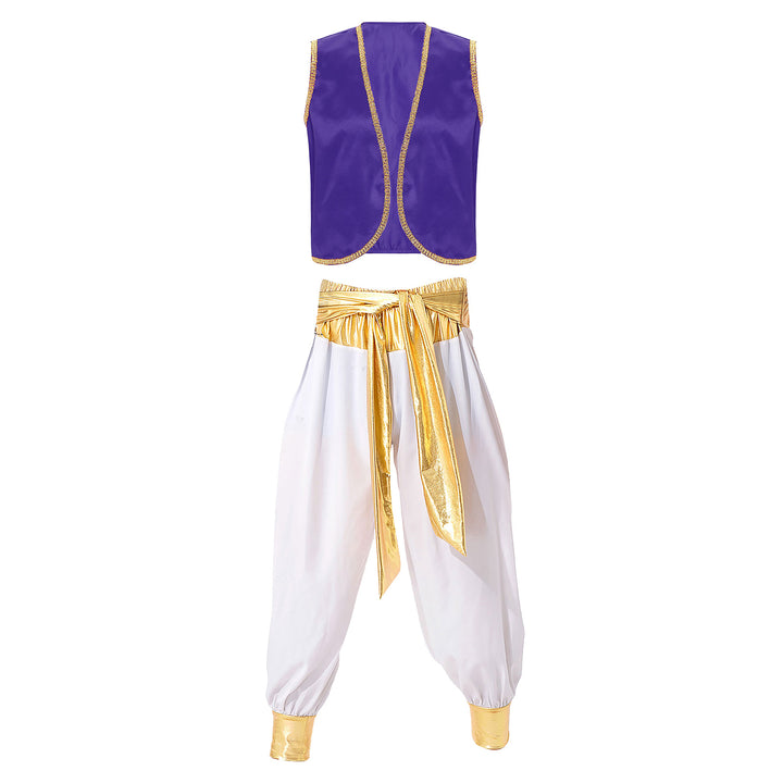 Mens Halloween Costume Mythical Arabian Prince Carnival Cosplay Party Outfit Sequin Trim Waistcoat with Belted Pants