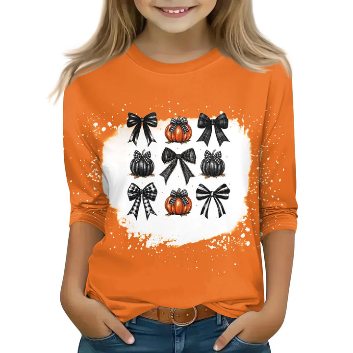 New Halloween Theme Cute Girl Printed T-shirt High Quality Three-quarter Sleeve Round Neck Tops Children Festival Birthday Gift