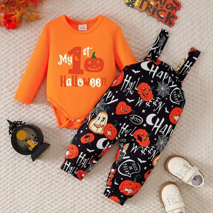 Baby Boy&Girl Halloween Costume Sets Long Sleeve Pumpkin Pattern Romper+Graffiti Strappy Pants 2PCS Holiday Clothes for 0-2Years