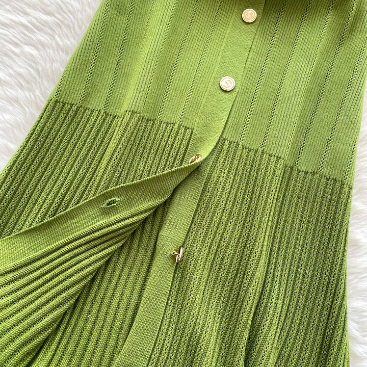 Vintage Single Breasted Women's Knitted Long Dress High Waist Short Sleeve Ruffles Straight Dress