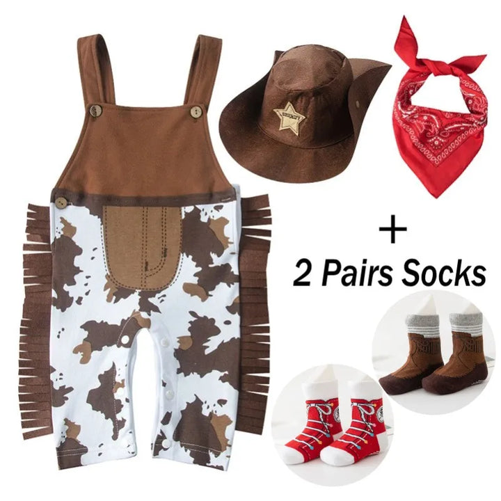 Baby Boy Clothes cowboy Costume Infant Toddler Cowboy Set 3Pcs Hat Scarf Romper Halloween Event Birthday Holiday Cosplay Outfits