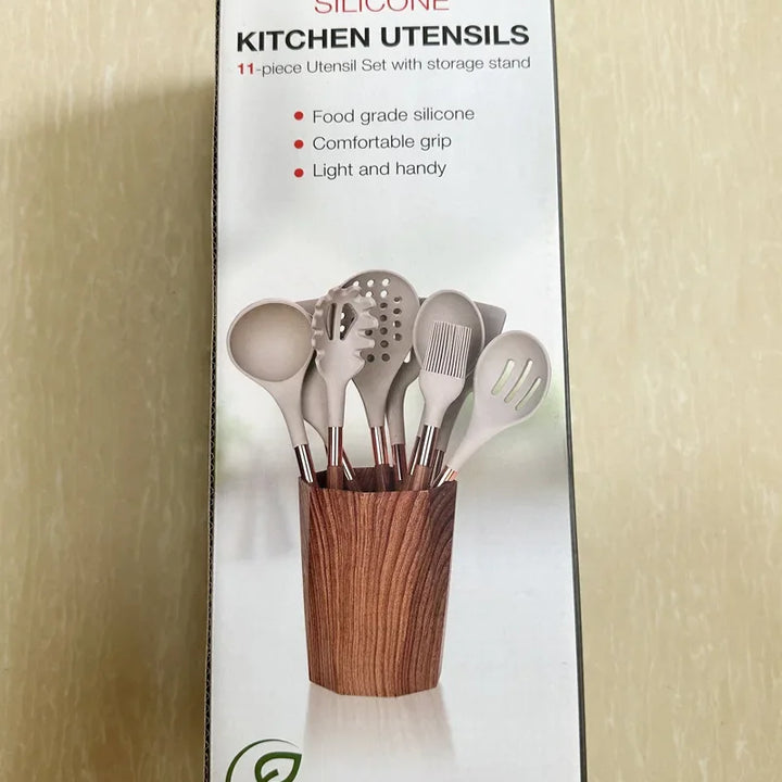 Kitchen Utensils Silicone Cooking Utensils Kitchenware, Gold-plated Wood Grain Handle, Spatula, SpoonsCooking Pots Set