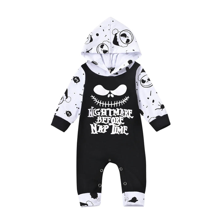Halloween Newborn Baby Clothes Babe Boy Jumpsuit 2024 Fashion Letters Nightmare Before Nap Long Sleeve Hooded Romper