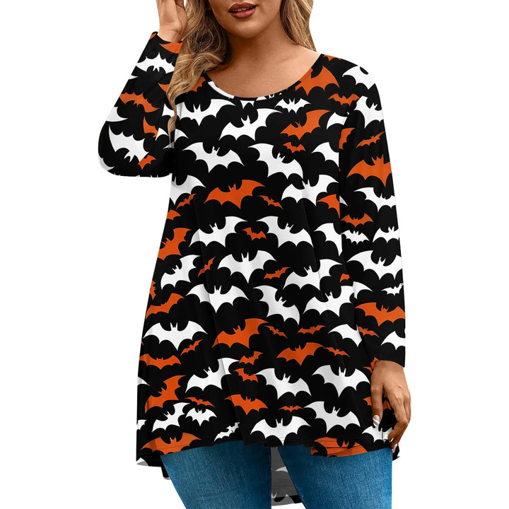 Plus Size Halloween Print T-Shirt for Women Fashion Round Neck Long Sleeve Casual Loose Pullover Top Halloween Party Costumes
