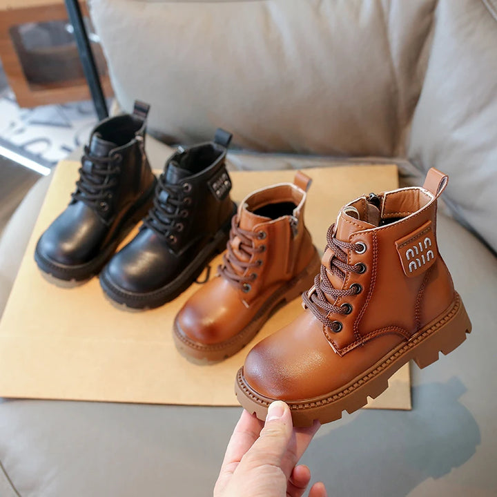 Children Platform Ankle Boots New Round-toe Black Boots for Girl Solid Color Causal Kids Fashion Short Leather Boots Side Zipper