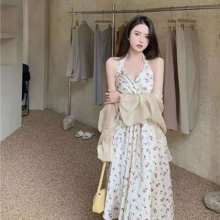New Gentle Wind Fragmented Flower V-Neck Sling Dress Set Waist Wrap Neck Hanging Long Dress with Thin Cardigan
