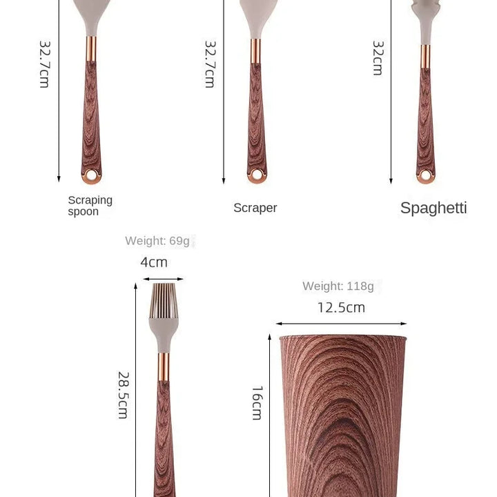 Kitchen Utensils Silicone Cooking Utensils Kitchenware, Gold-plated Wood Grain Handle, Spatula, SpoonsCooking Pots Set