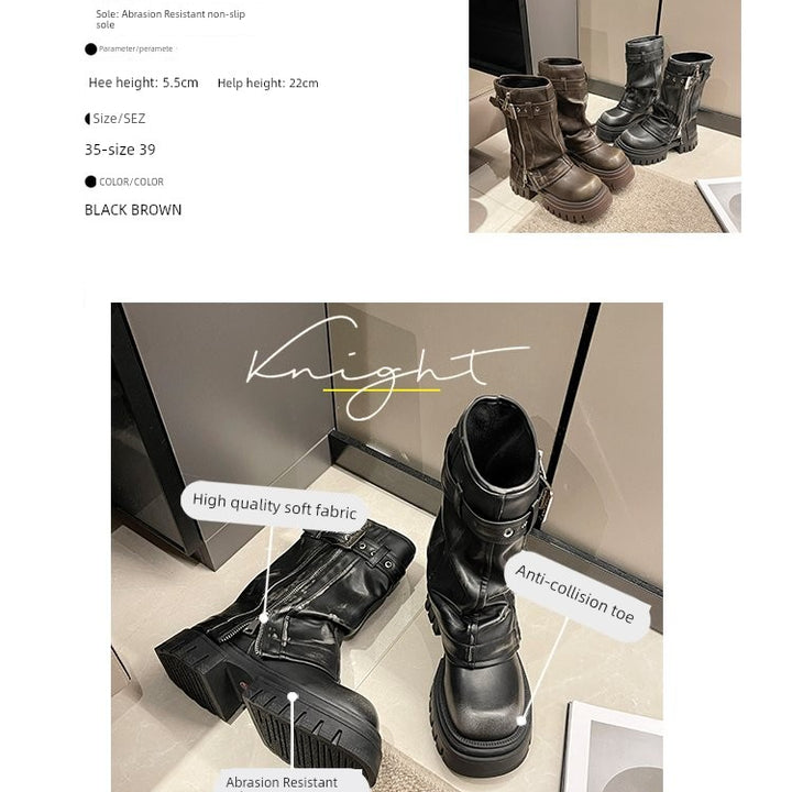 European Goods Fashion Square Toe Maillard Western Denim Sexy Style Platform Martin Boots Motorcycle Boots Pile Style Boots Women's Shoes