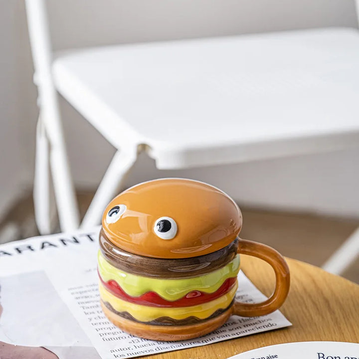 300ML Coffee Mugs Creative Hamburger Shaped Water Cup with Lid Cute and Cute Breakfast Cup Large Capacity Ceramic Hamburger Mug