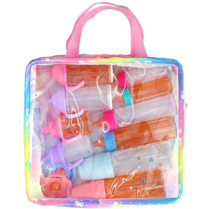 Newborn Doll Accessories Kit with Clear Display Rainbow Carrying Bag Transparent Display Window Fit 14inch Dolls Doll Travel Set
